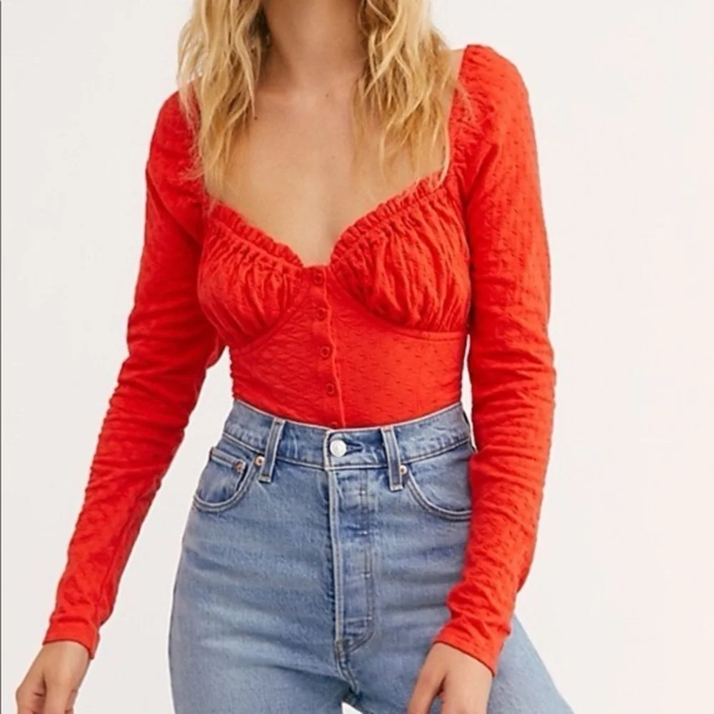 Free People ladybug top corset sweetheart long sleeve crop textured knit fire